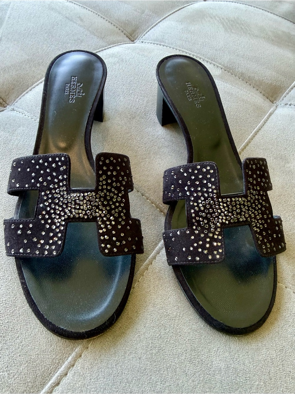 Hermes Black Suede Crystal-Embellished Oasis Sandals